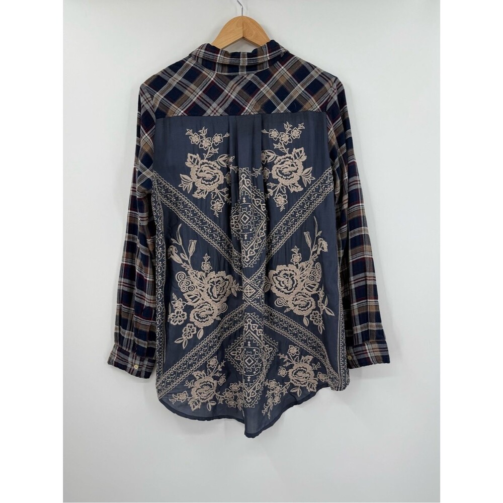 Johnny Was 3J Workshop Plaid Embroidered Button Down | Navy | Medium